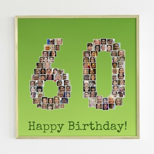 Round birthday photo collage as number 60 with many pictures