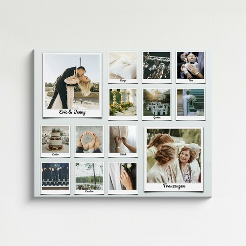 Photo collage creative wedding idea with labeled polaroids