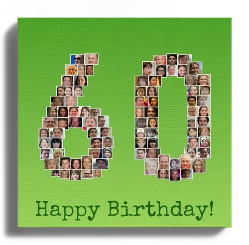 Round birthday photo collage as number 60 with many pictures