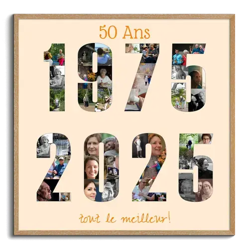 Annee de naissance et anniversaire en collage photo avec chiffres et texte