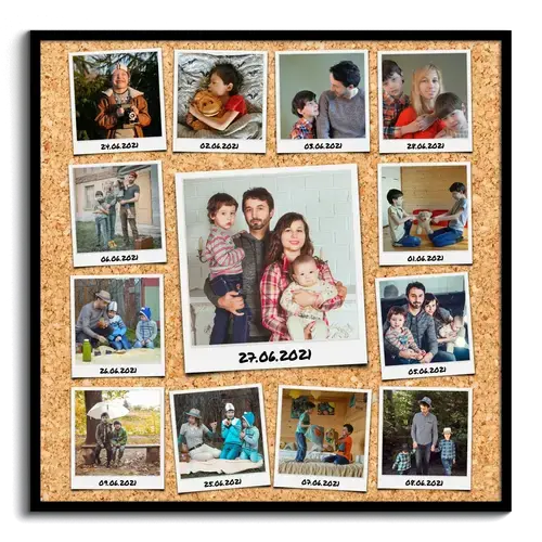 Creative Collage with Captioned Polaroid Photos on Pinboard