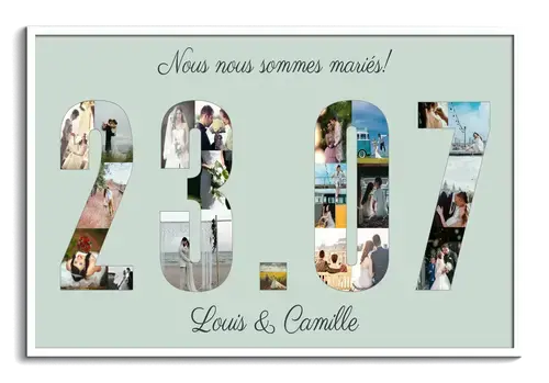 Collage photo date de mariage sur toile – Personnalisez noms et photos