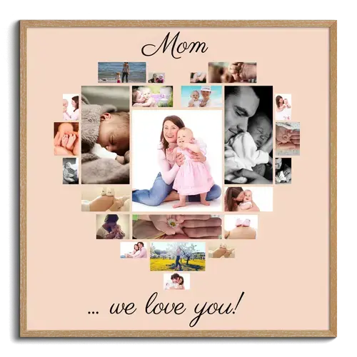 Personalized gift mother photos arranged as heart with message MAMA WE LOVE YOU
