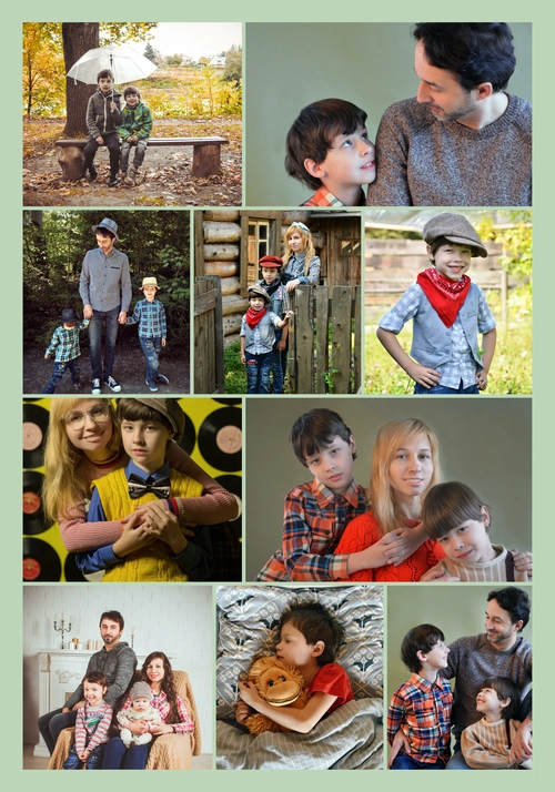 Collage mit Fotos in Reihen angeordnet aus Kinder und Familienfotos